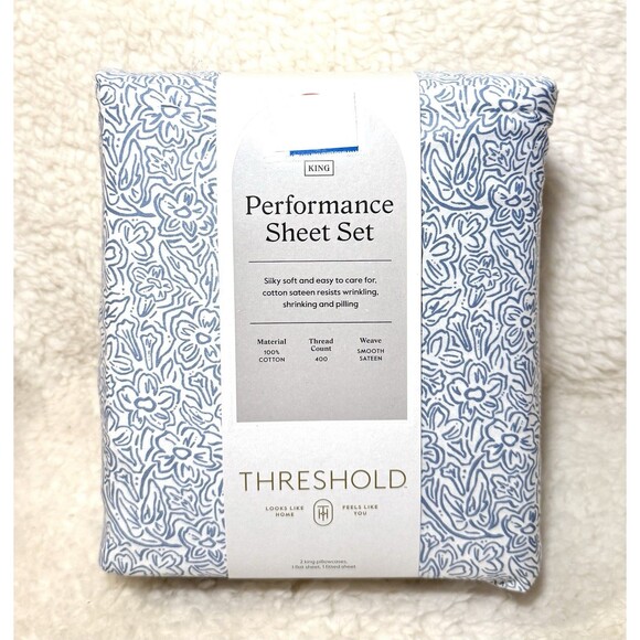 King Printed Performance 400 Thread Count Sheet Set Blue Floral - Threshold NEW - Picture 4 of 5
